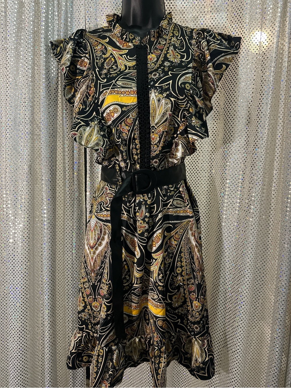 Paisley Ruffle Midi Dress in Black and Gold - Classic Women's Dress